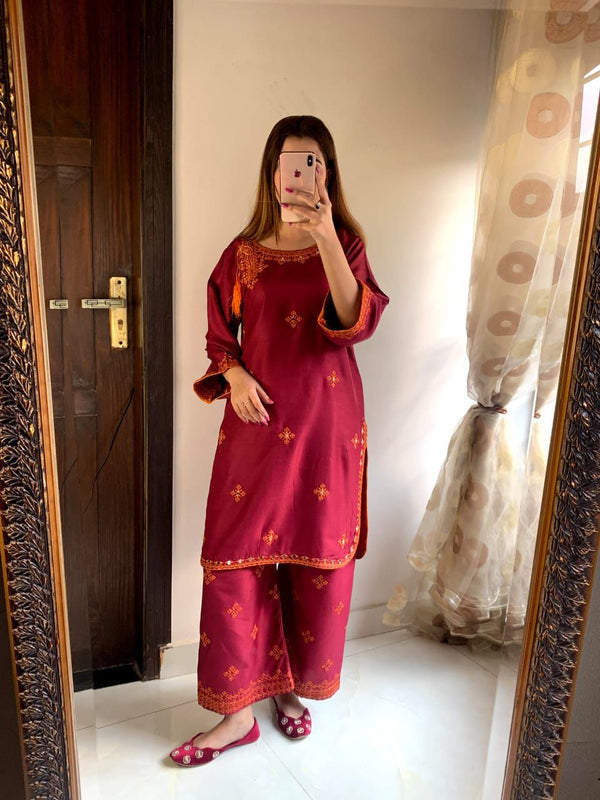 Blochi karahi 2 Pc (Stitched Maroon)